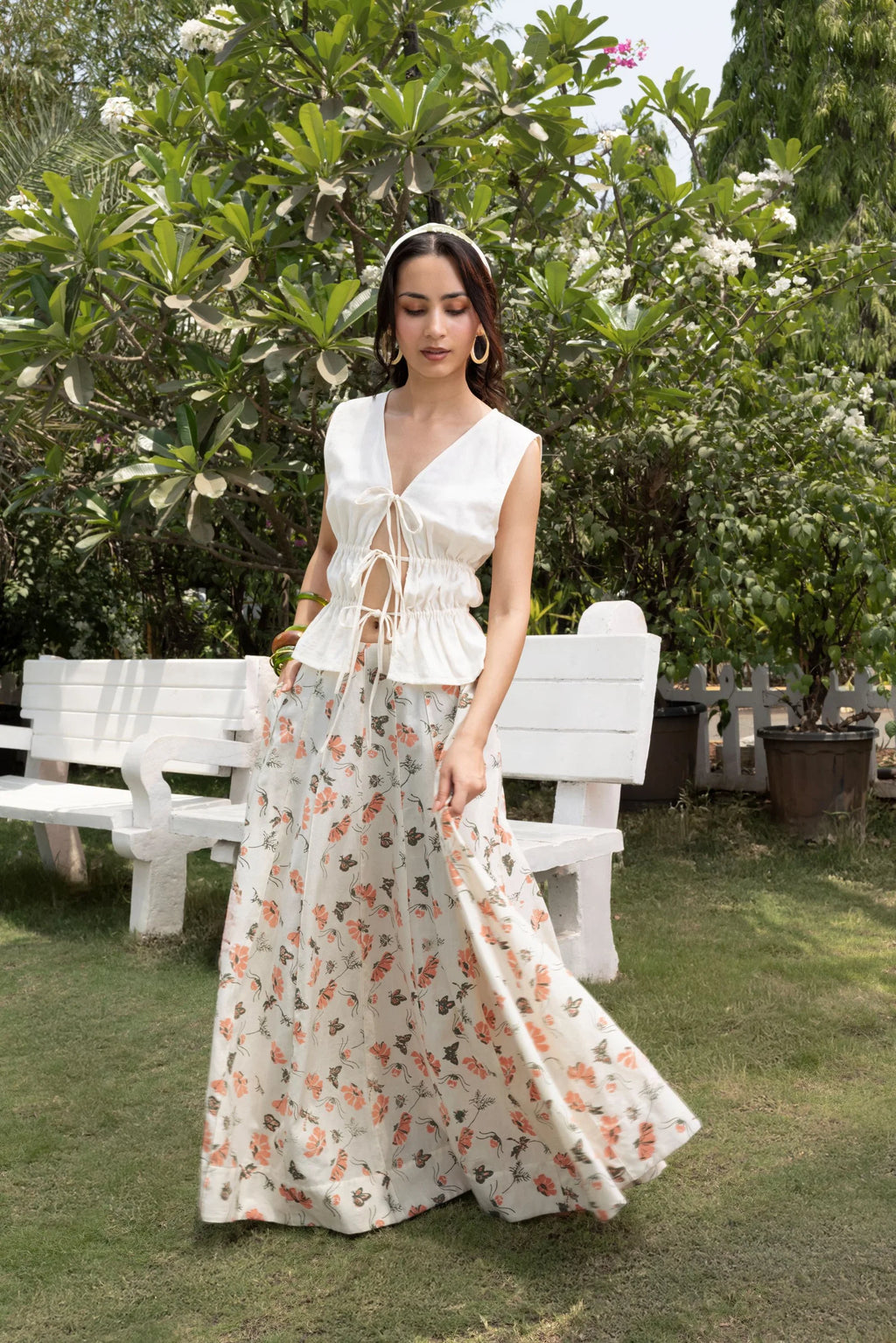 Organic Cotton Front Tie-Up Top + Floral A-Line Paneled Maxi Skirt Set