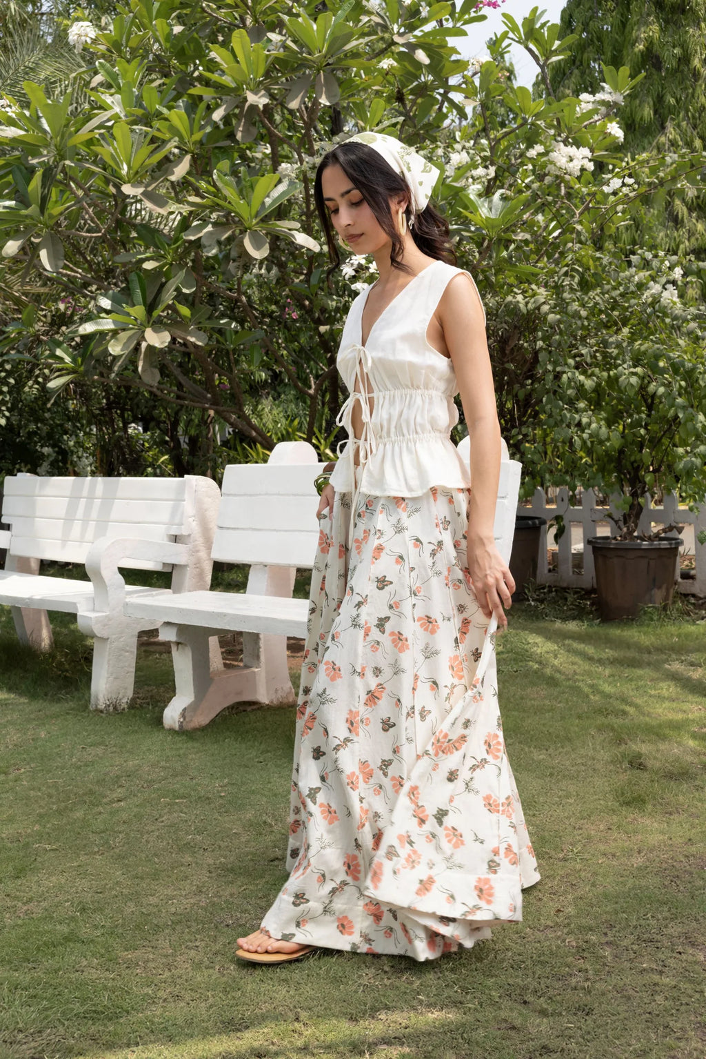Organic Cotton Front Tie-Up Top + Floral A-Line Paneled Maxi Skirt Set