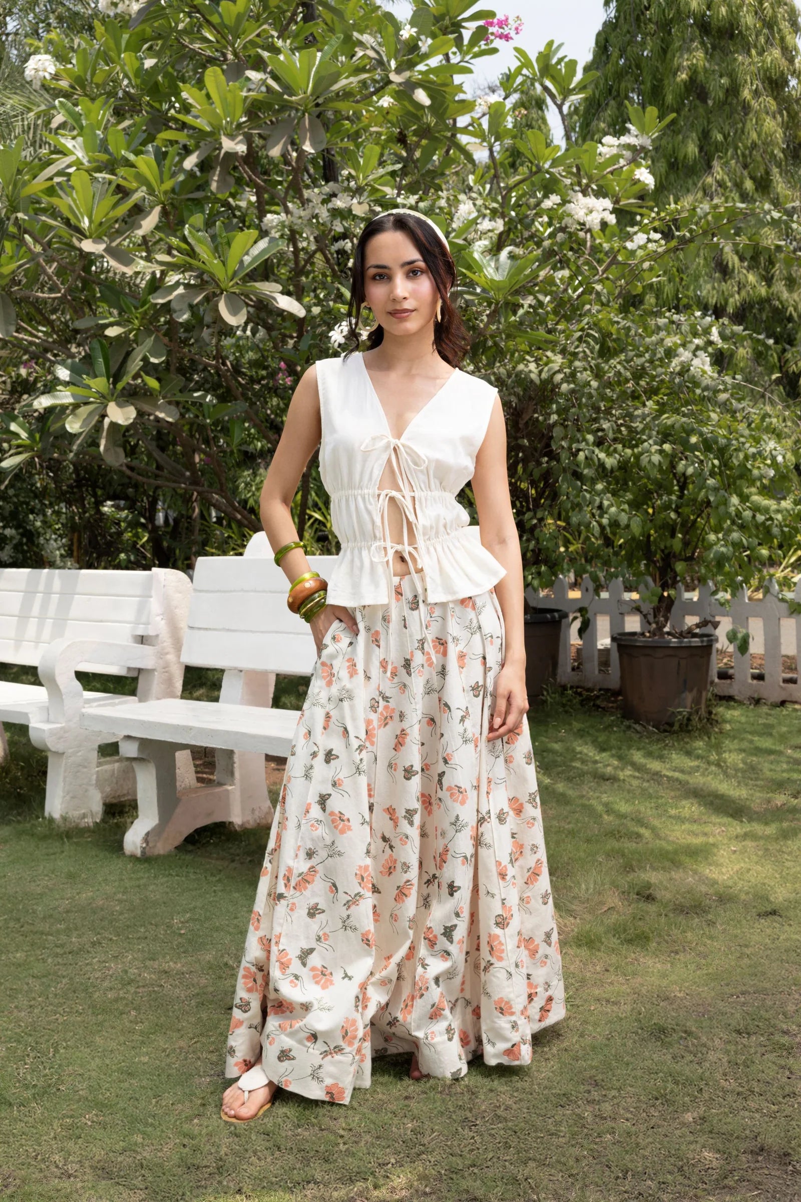 Organic Cotton Front Tie-Up Top + Floral A-Line Paneled Maxi Skirt Set