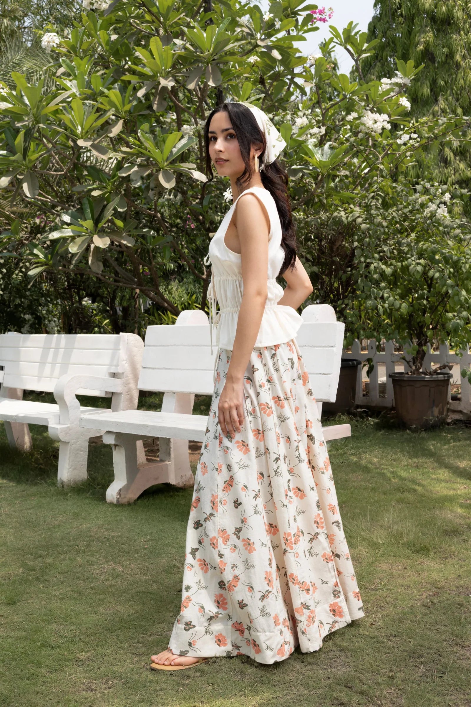 Organic Cotton Front Tie-Up Top + Floral A-Line Paneled Maxi Skirt Set