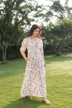 V-Neck Pleated Maxi Dress with Embroidery
