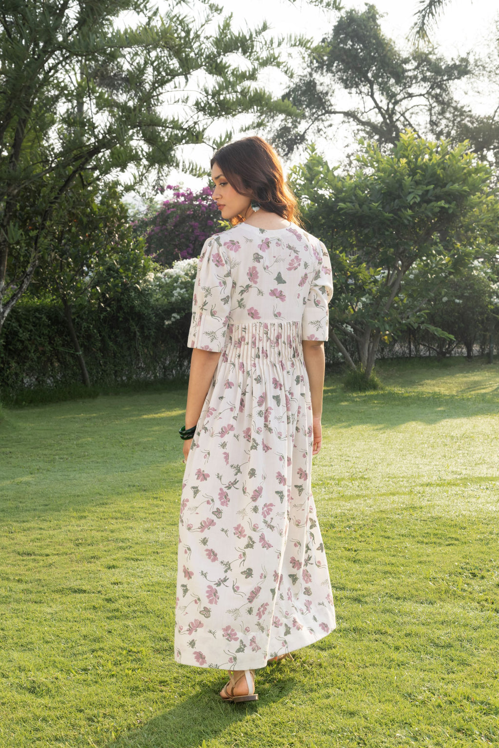 V-Neck Pleated Maxi Dress with Embroidery