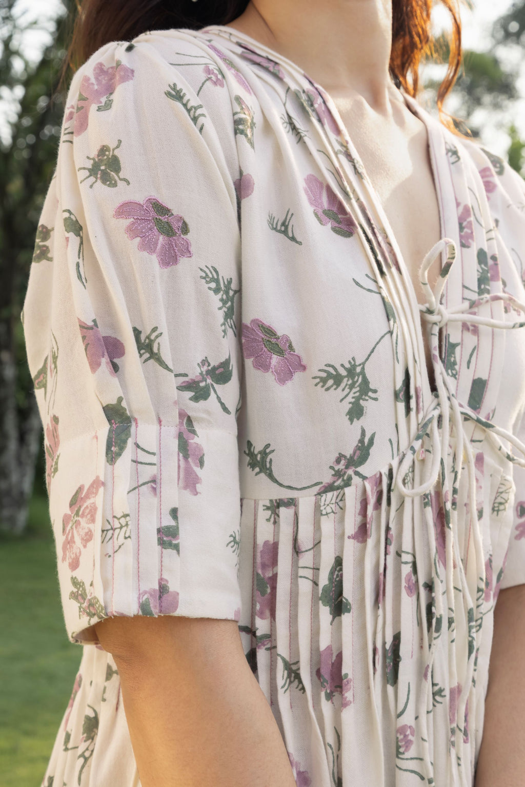 V-Neck Pleated Maxi Dress with Embroidery