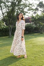 V-Neck Pleated Maxi Dress with Embroidery