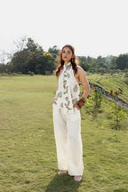 Embroidered Scandavian Scarf Top + Organic Cotton Straight Fit Pants with Side Pleats Set