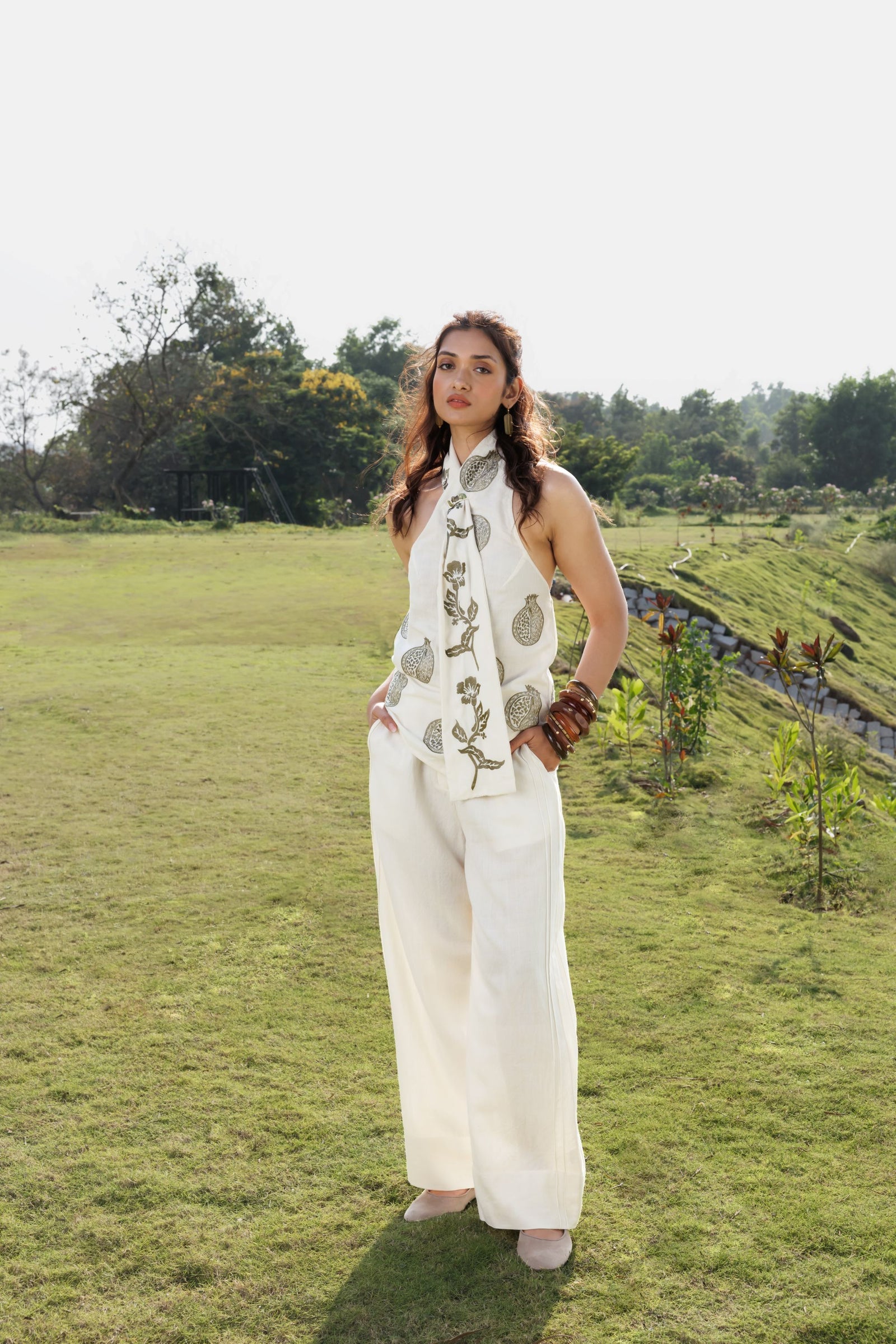 Embroidered Scandavian Scarf Top + Organic Cotton Straight Fit Pants with Side Pleats Set
