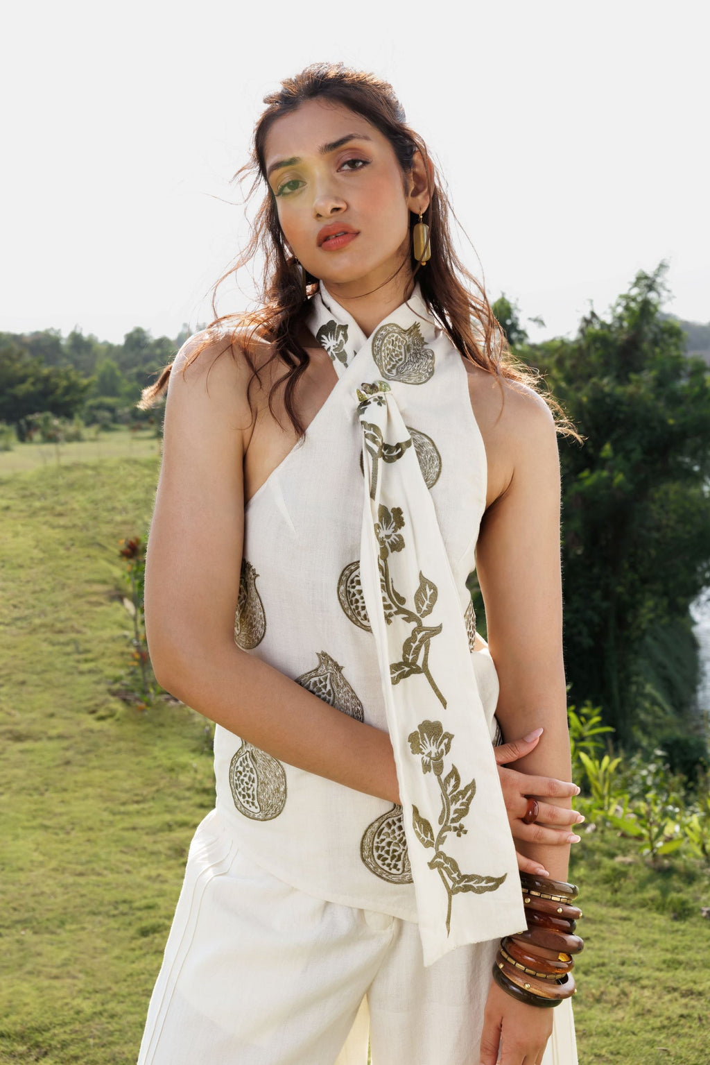 Embroidered Scandavian Scarf Top + Organic Cotton Straight Fit Pants with Side Pleats Set