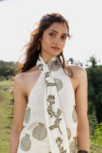 Embroidered Scandavian Scarf Top + Organic Cotton Straight Fit Pants with Side Pleats Set
