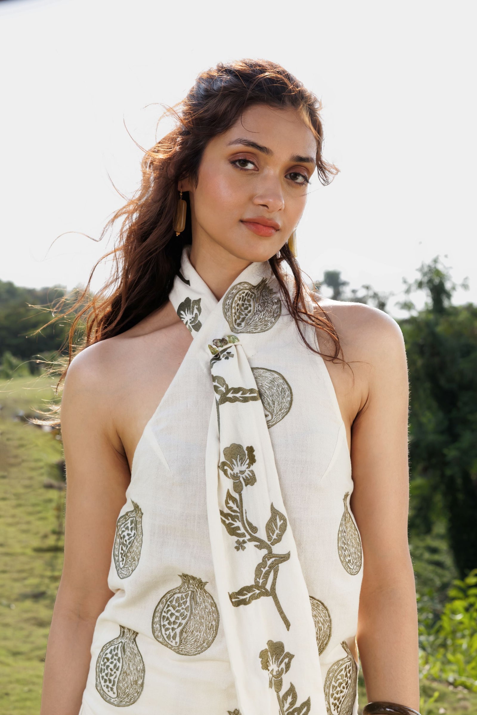 Embroidered Scandavian Scarf Top + Organic Cotton Straight Fit Pants with Side Pleats Set