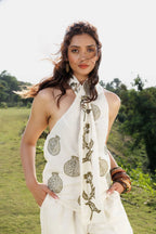 Embroidered Scandavian Scarf Top + Organic Cotton Straight Fit Pants with Side Pleats Set
