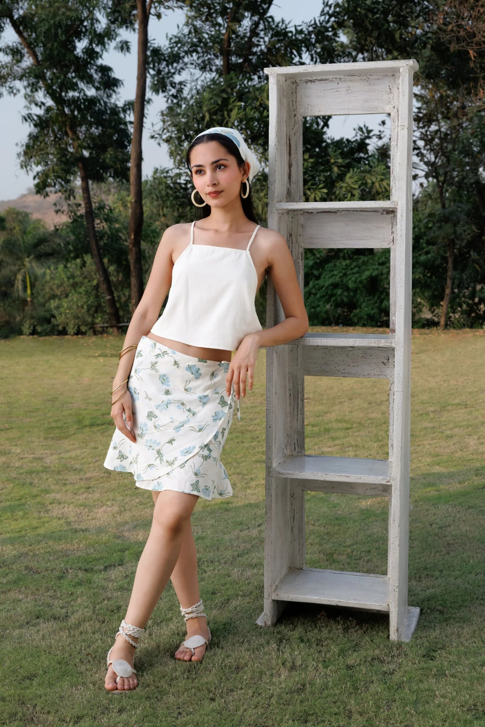 Criss-Cross Back Crop Top with Tie-Up Detail + Wrap Around Skirt with Embroidered Ruffle Set