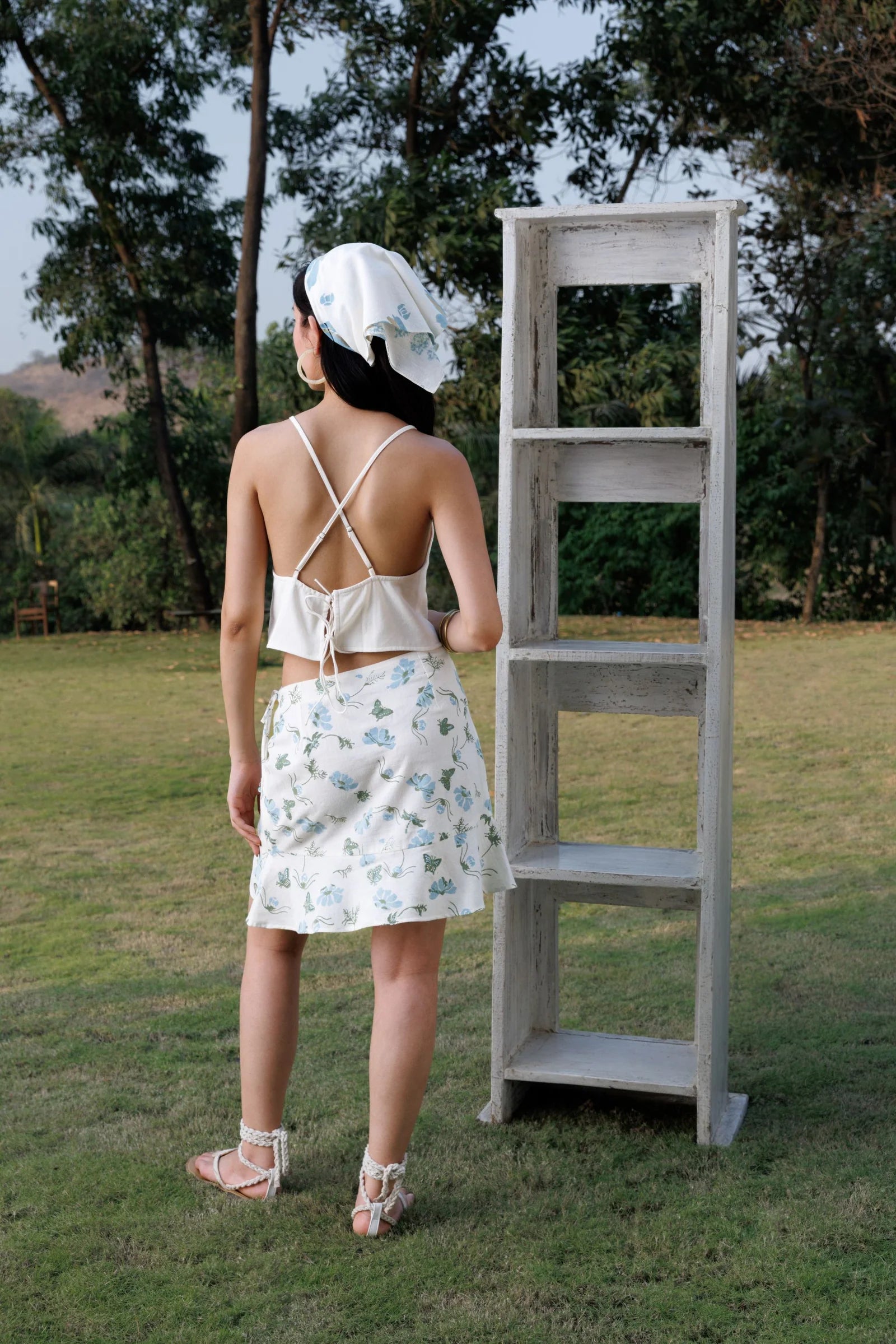 Criss-Cross Back Crop Top with Tie-Up Detail + Wrap Around Skirt with Embroidered Ruffle Set