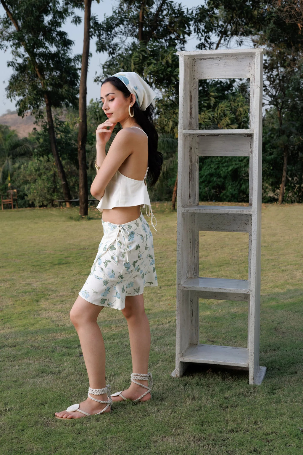 Criss-Cross Back Crop Top with Tie-Up Detail + Wrap Around Skirt with Embroidered Ruffle Set