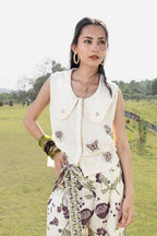 Patchwork Embroidered Top with Peter Pan Collar + Pleated Wide-Leg Pants with Side Belt Set