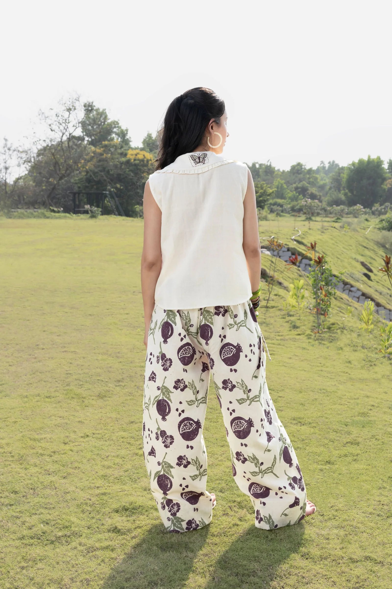 Patchwork Embroidered Top with Peter Pan Collar + Pleated Wide-Leg Pants with Side Belt Set
