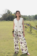 Patchwork Embroidered Top with Peter Pan Collar + Pleated Wide-Leg Pants with Side Belt Set