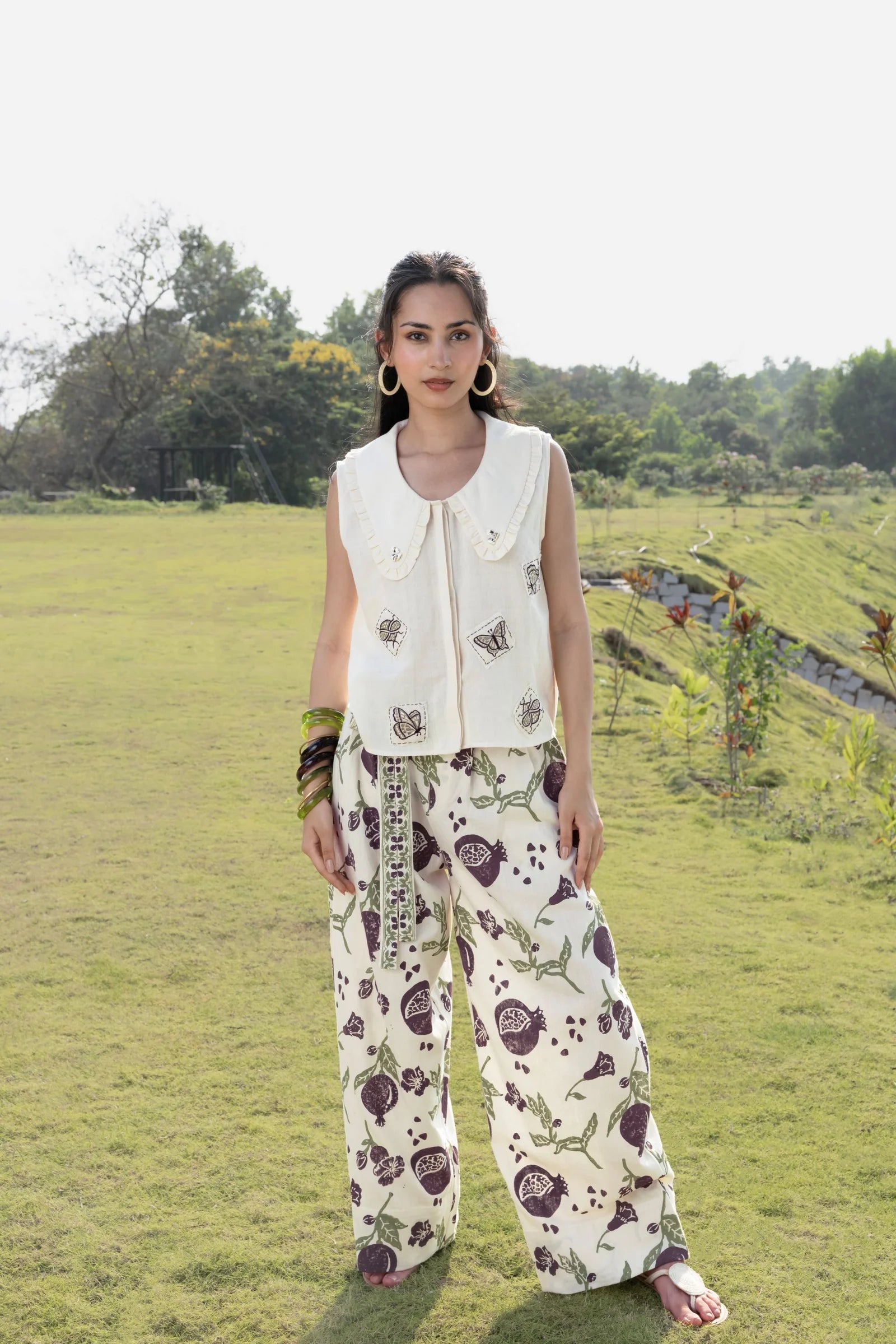 Patchwork Embroidered Top with Peter Pan Collar + Pleated Wide-Leg Pants with Side Belt Set