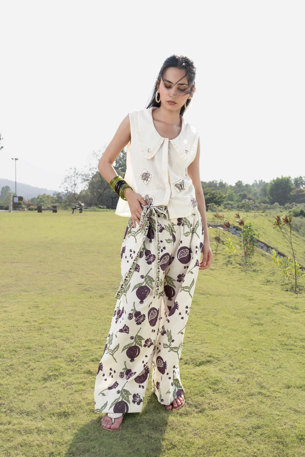 Patchwork Embroidered Top with Peter Pan Collar + Pleated Wide-Leg Pants with Side Belt Set