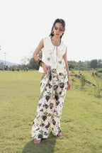 Patchwork Embroidered Top with Peter Pan Collar + Pleated Wide-Leg Pants with Side Belt Set