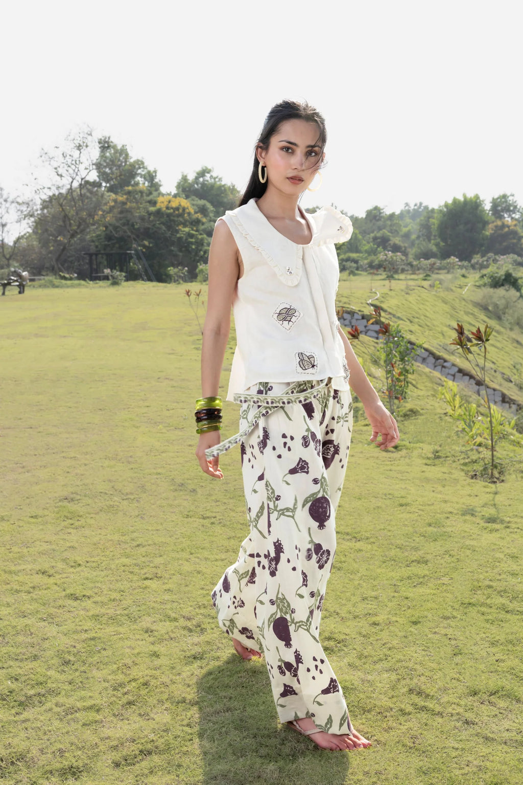 Patchwork Embroidered Top with Peter Pan Collar + Pleated Wide-Leg Pants with Side Belt Set