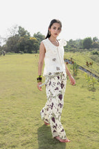 Patchwork Embroidered Top with Peter Pan Collar + Pleated Wide-Leg Pants with Side Belt Set