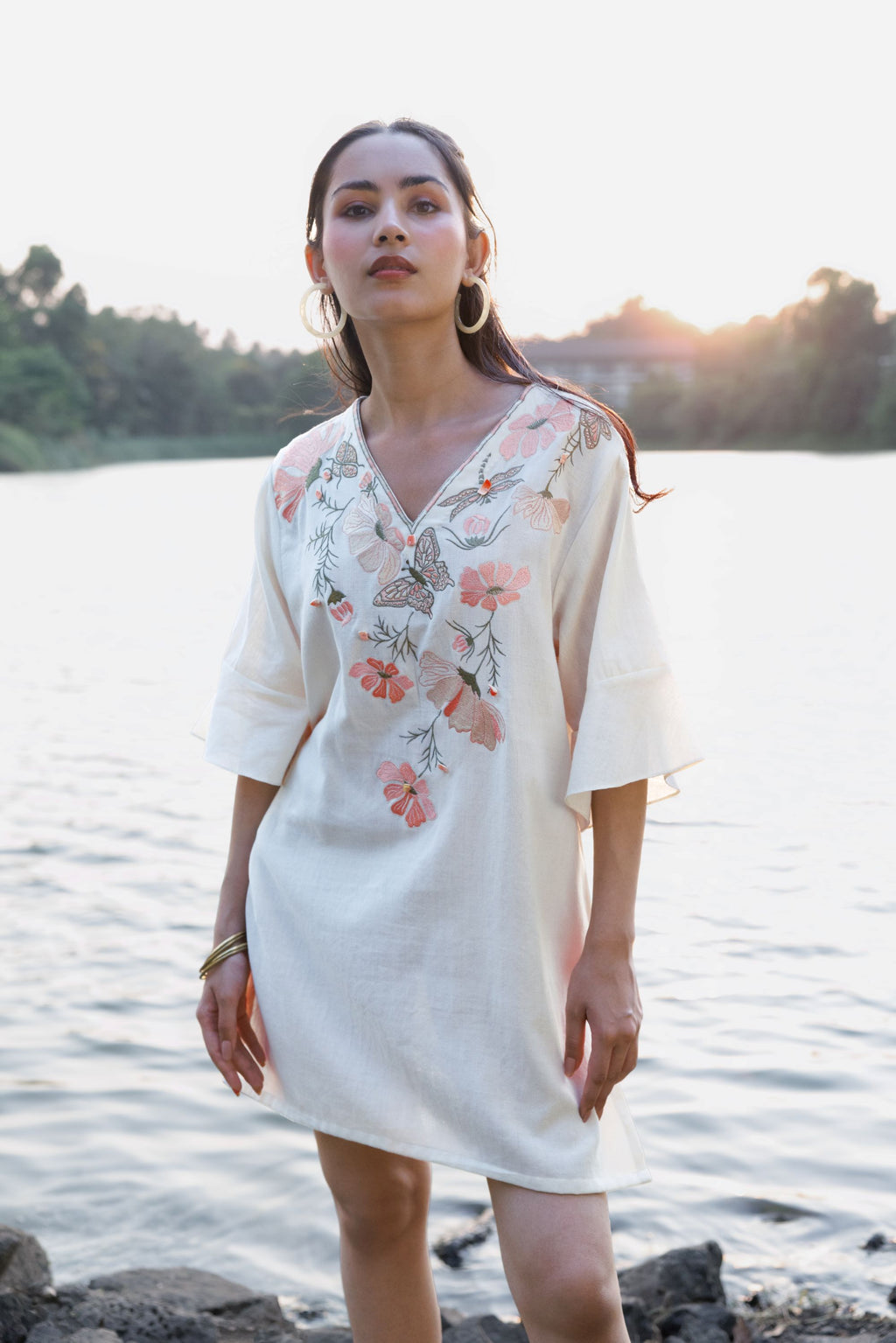 Floral Embroidered Short Kaftan Dress