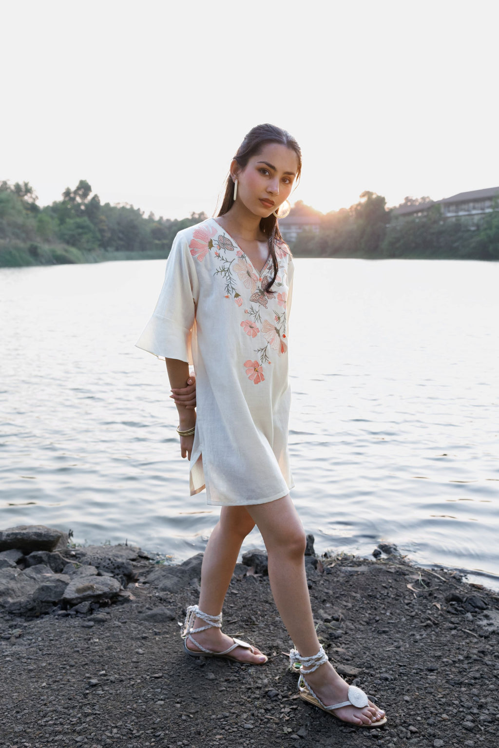 Floral Embroidered Short Kaftan Dress