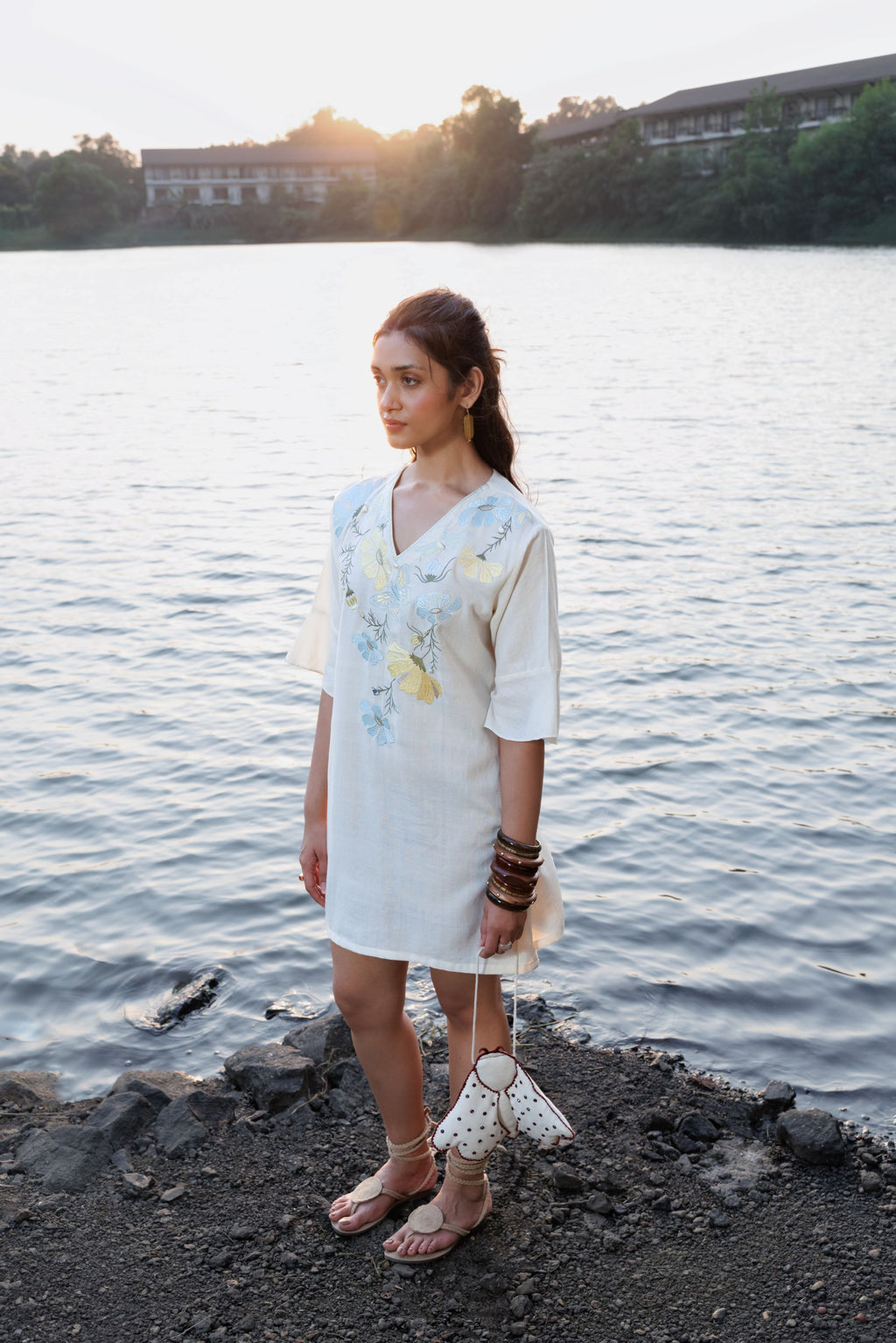 Floral Embroidered Short Kaftan Dress