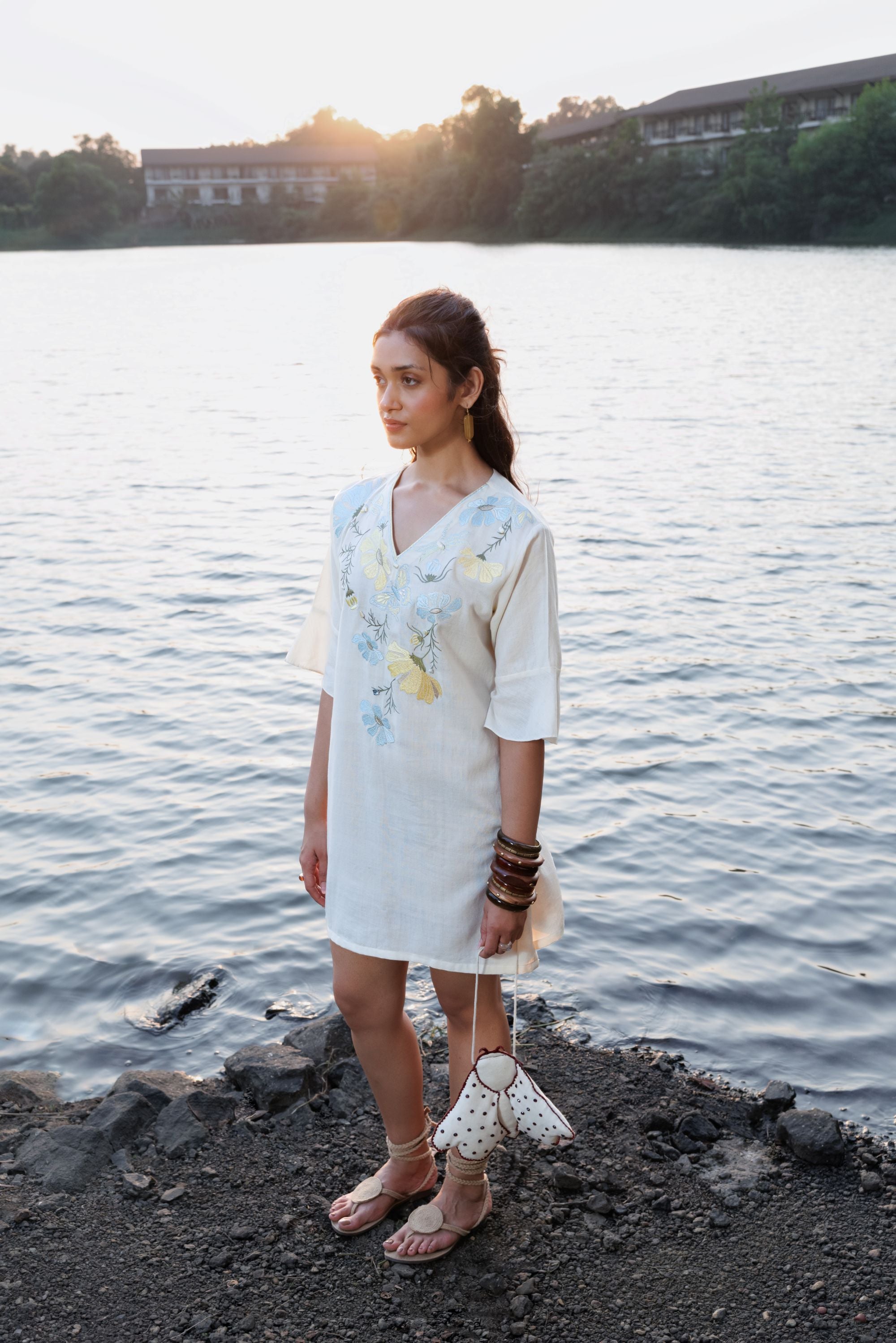Floral Embroidered Short Kaftan Dress