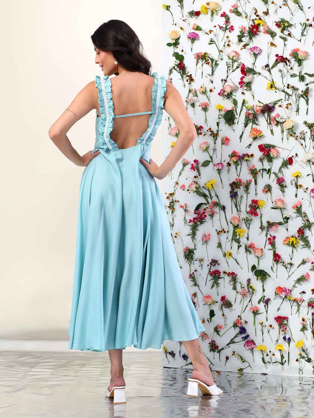 SEAFOAM WHISPERS RUFFLE MIDI DRESS