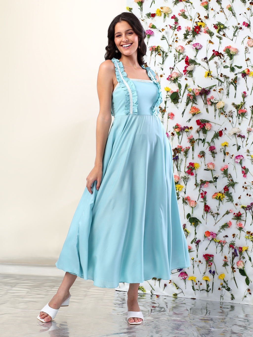 SEAFOAM WHISPERS RUFFLE MIDI DRESS