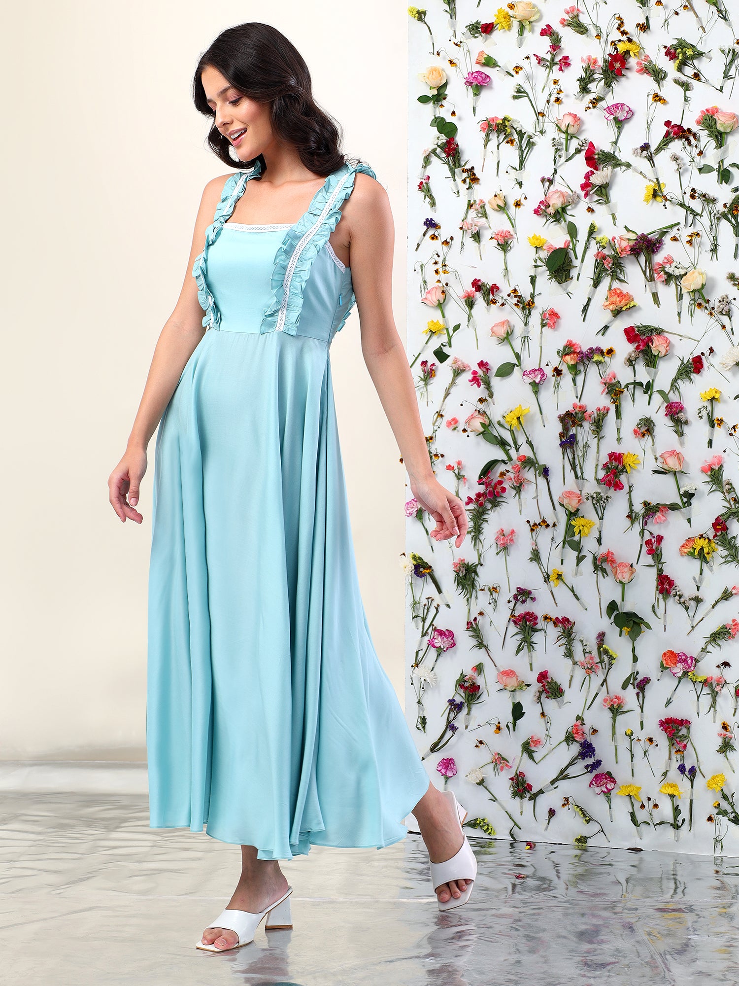 SEAFOAM WHISPERS RUFFLE MIDI DRESS