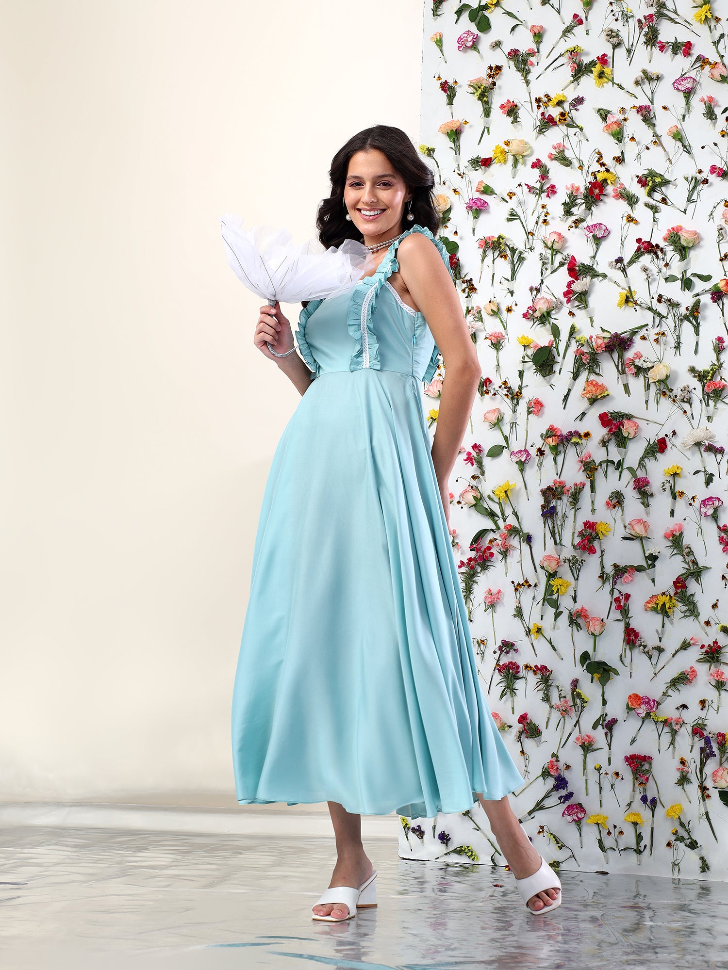 SEAFOAM WHISPERS RUFFLE MIDI DRESS