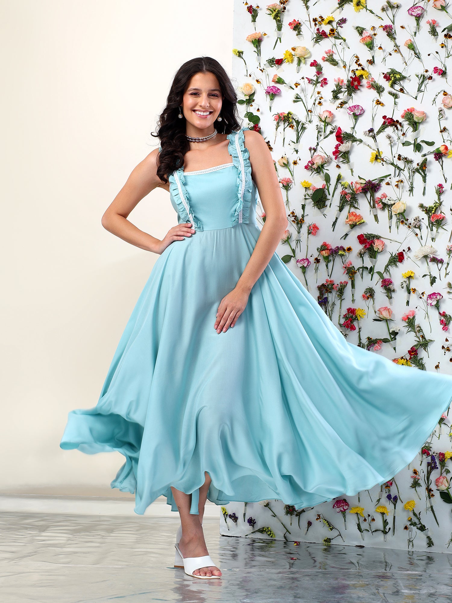 SEAFOAM WHISPERS RUFFLE MIDI DRESS
