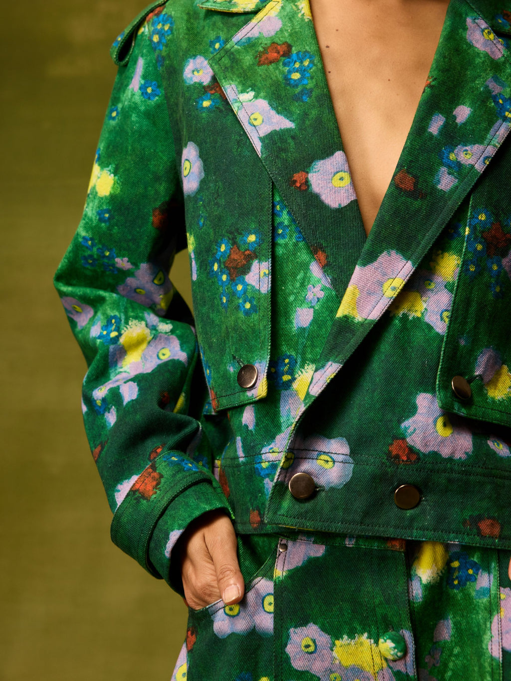 Emerald Bloom Cropped Jacket