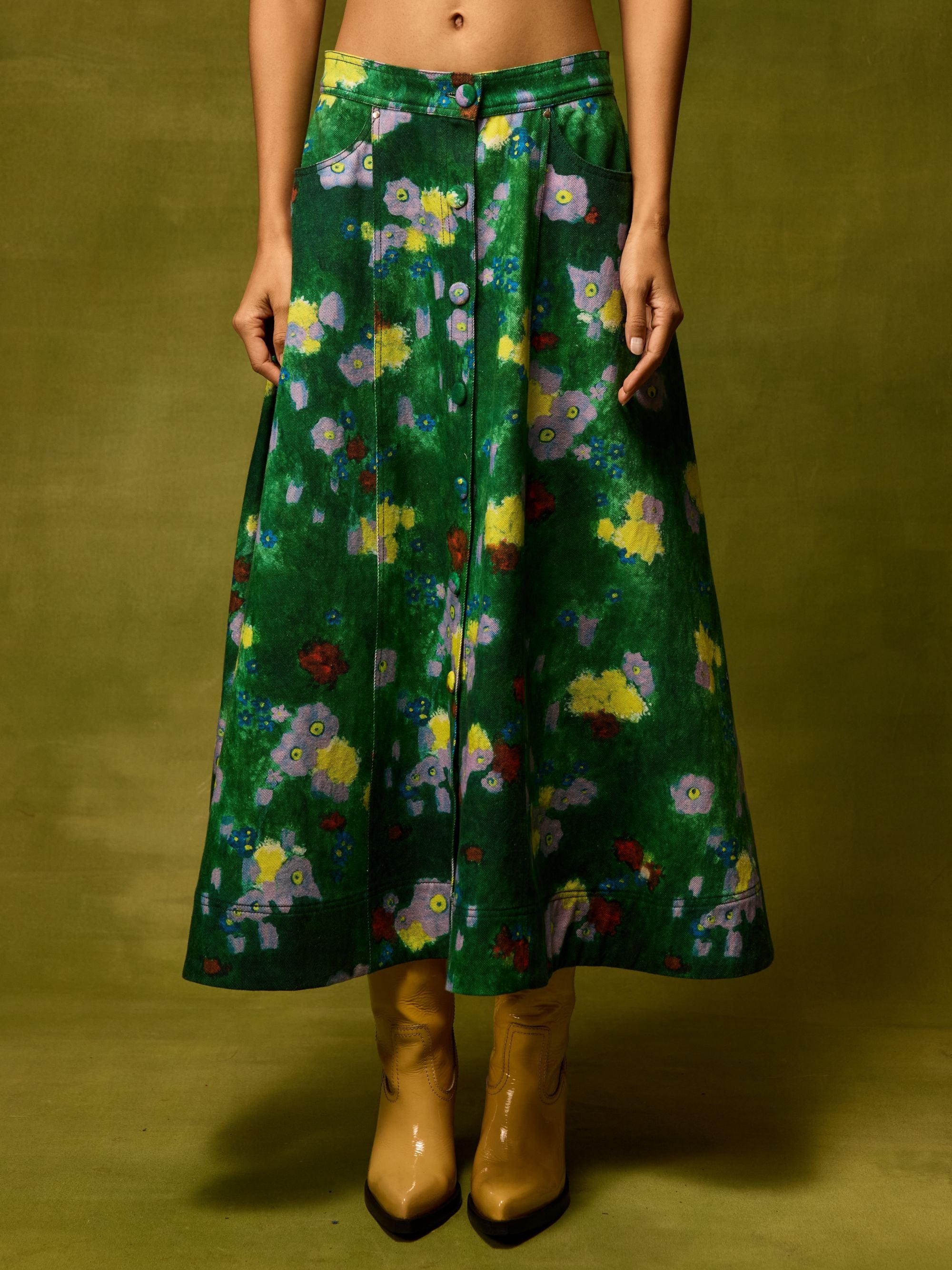 Emerald Bloom Flared Skirt
