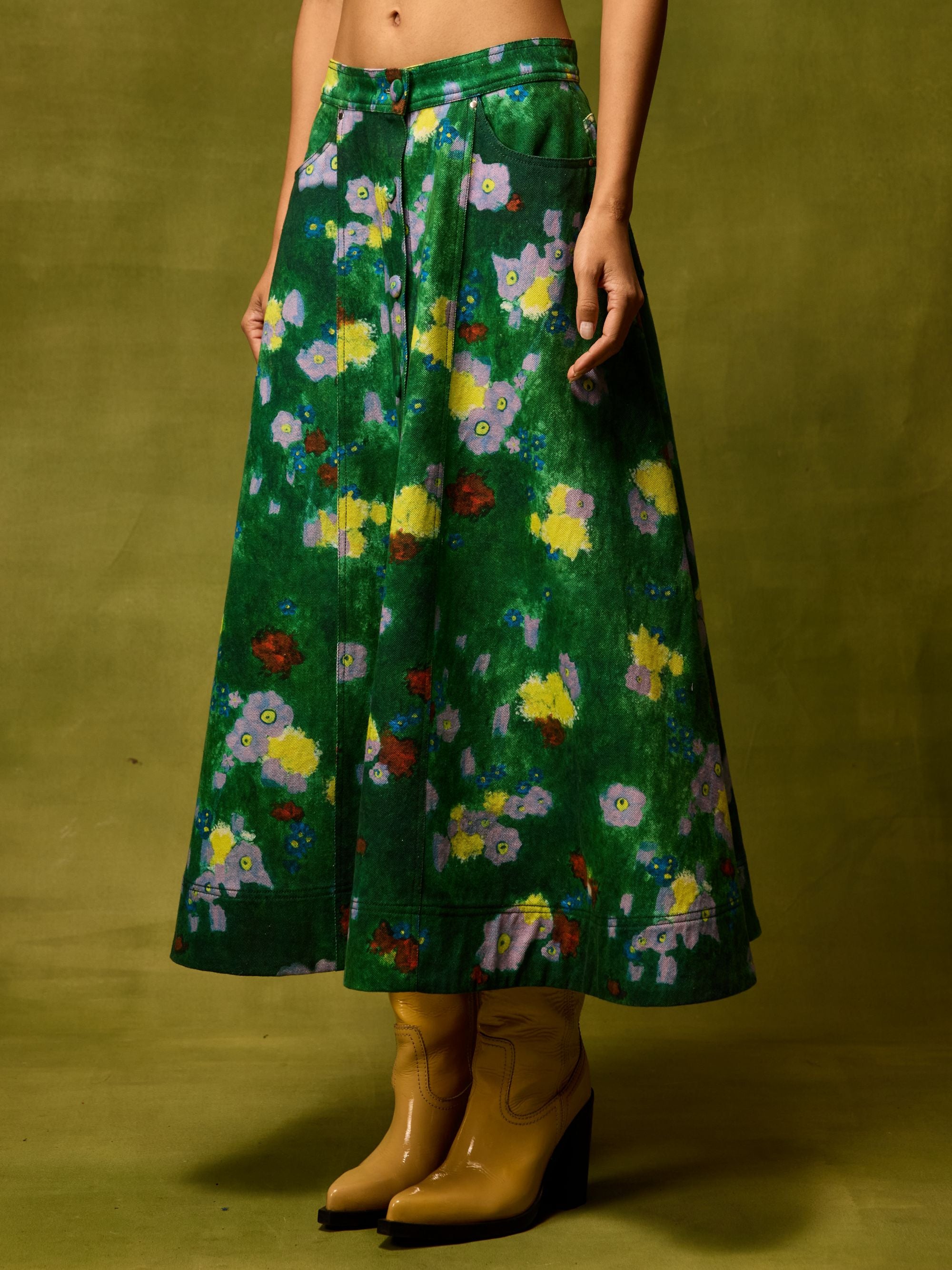 Emerald Bloom Flared Skirt