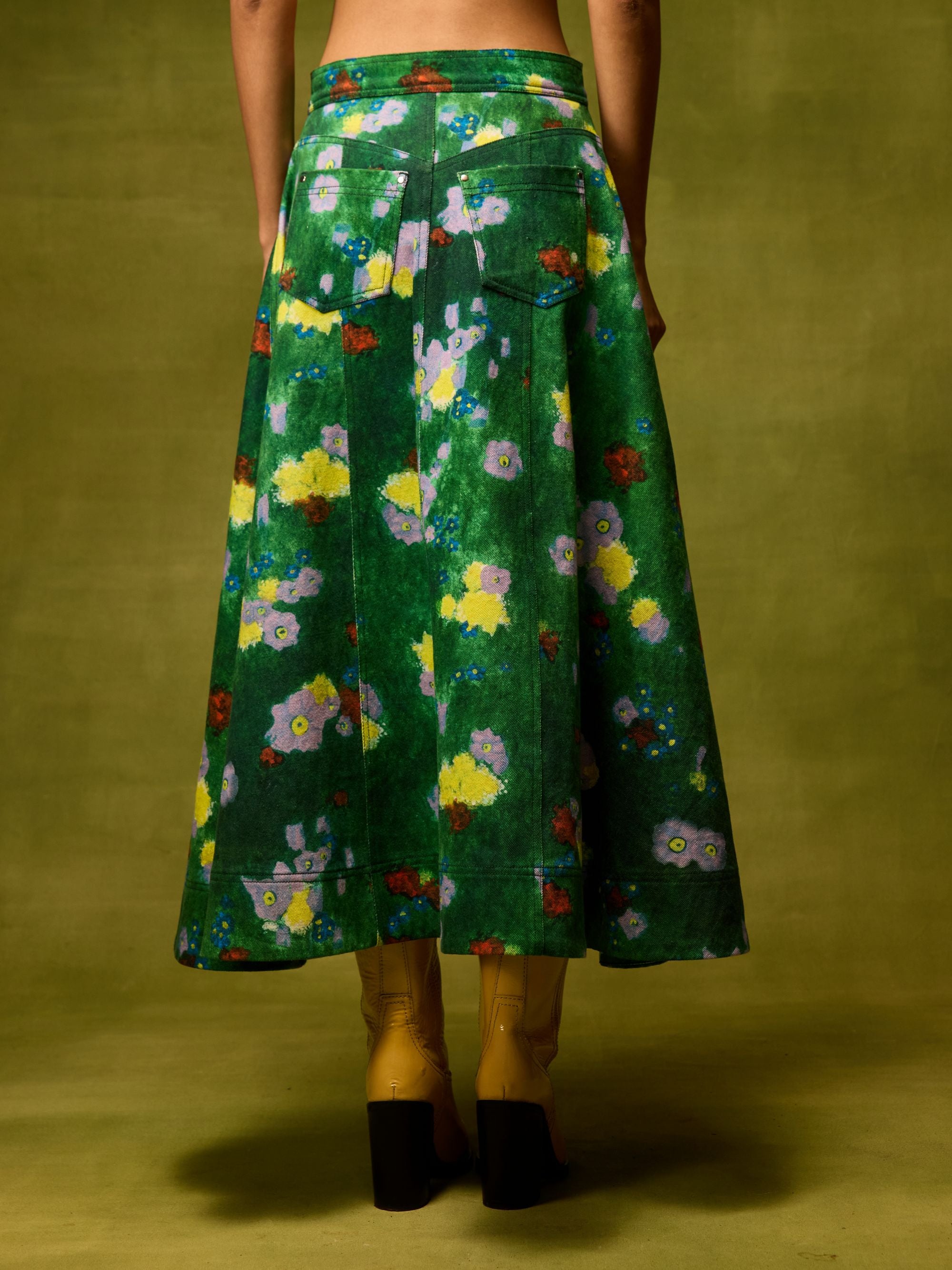 Emerald Bloom Flared Skirt