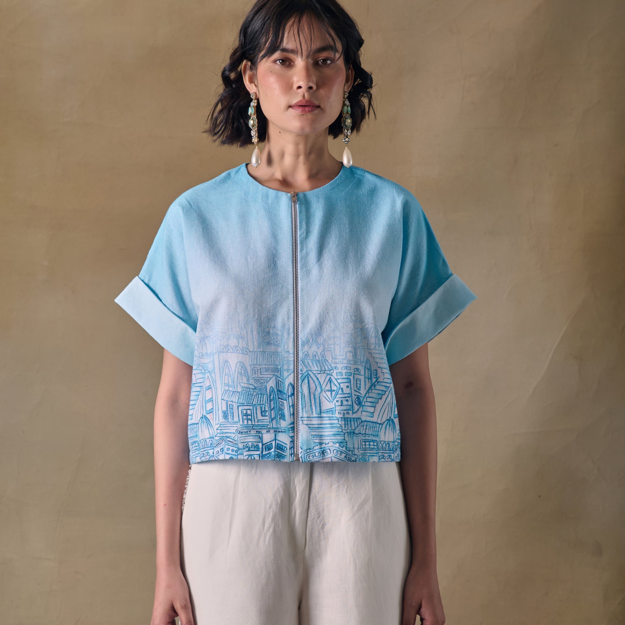 Blue Landscape Kimono Top