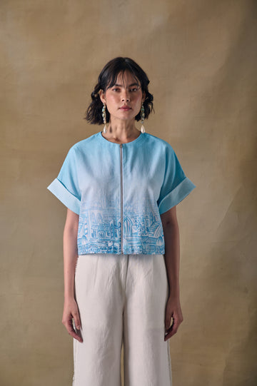 Blue Landscape Kimono Top