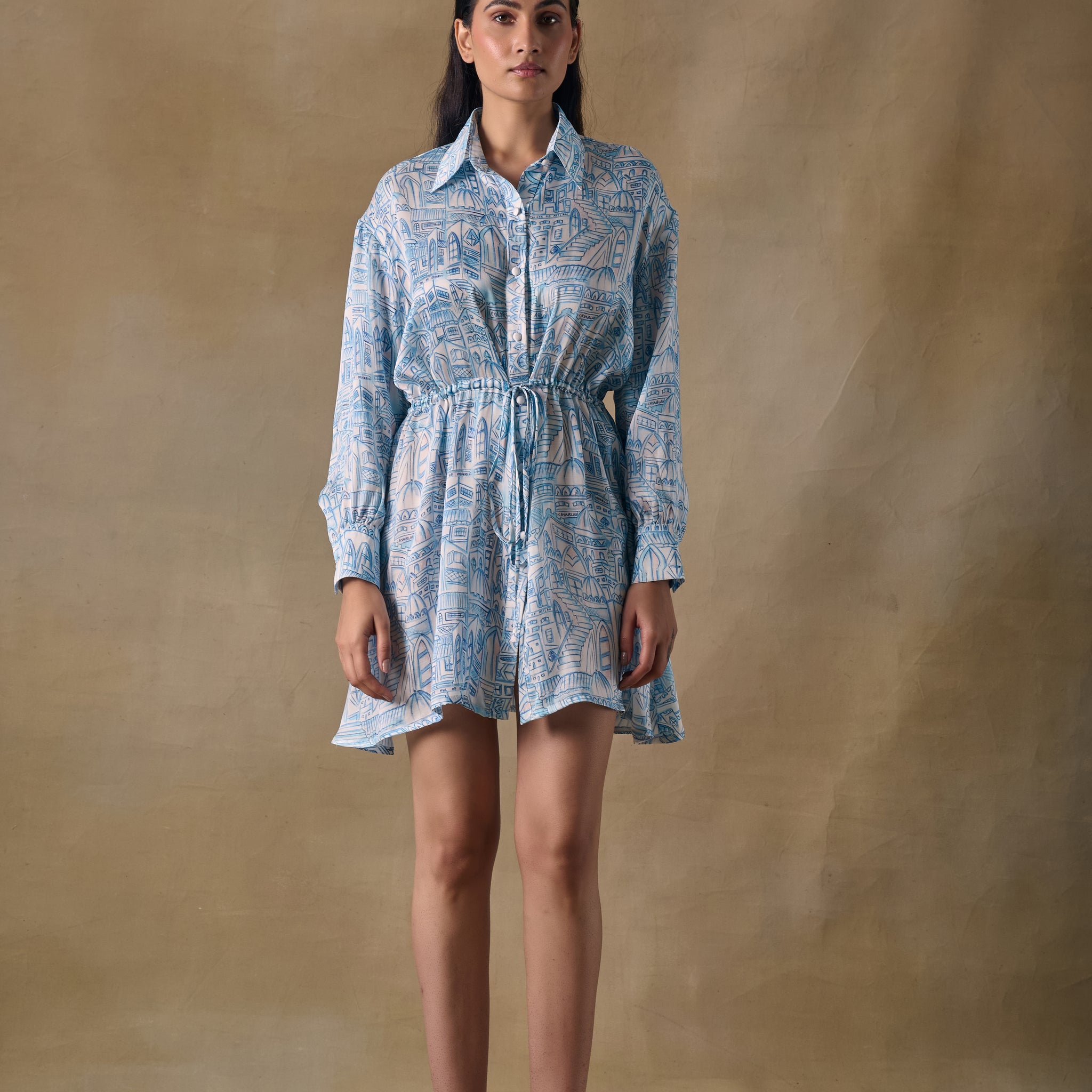 Blue Landscape Gathered Dress