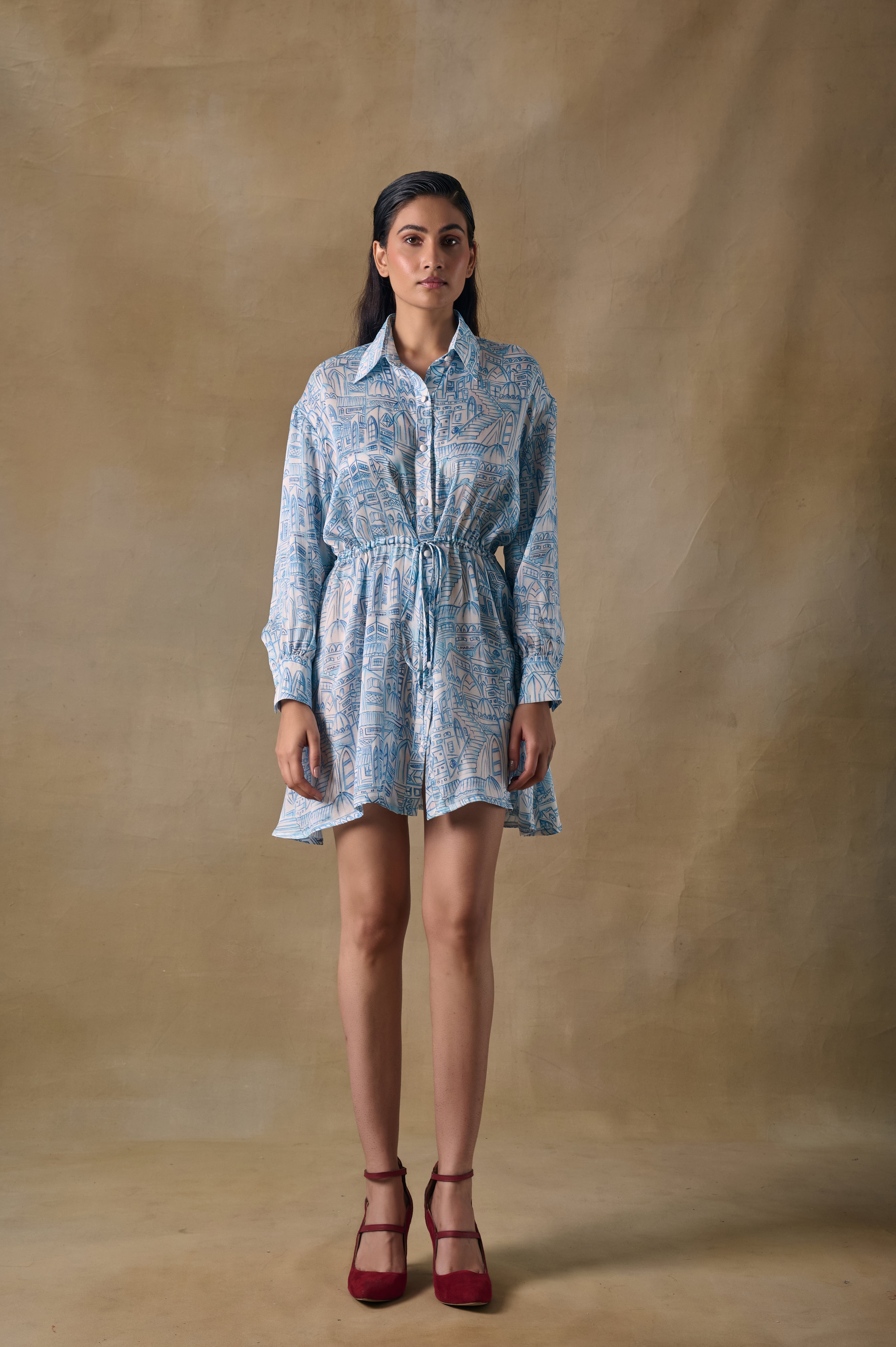 Blue Landscape Gathered Dress