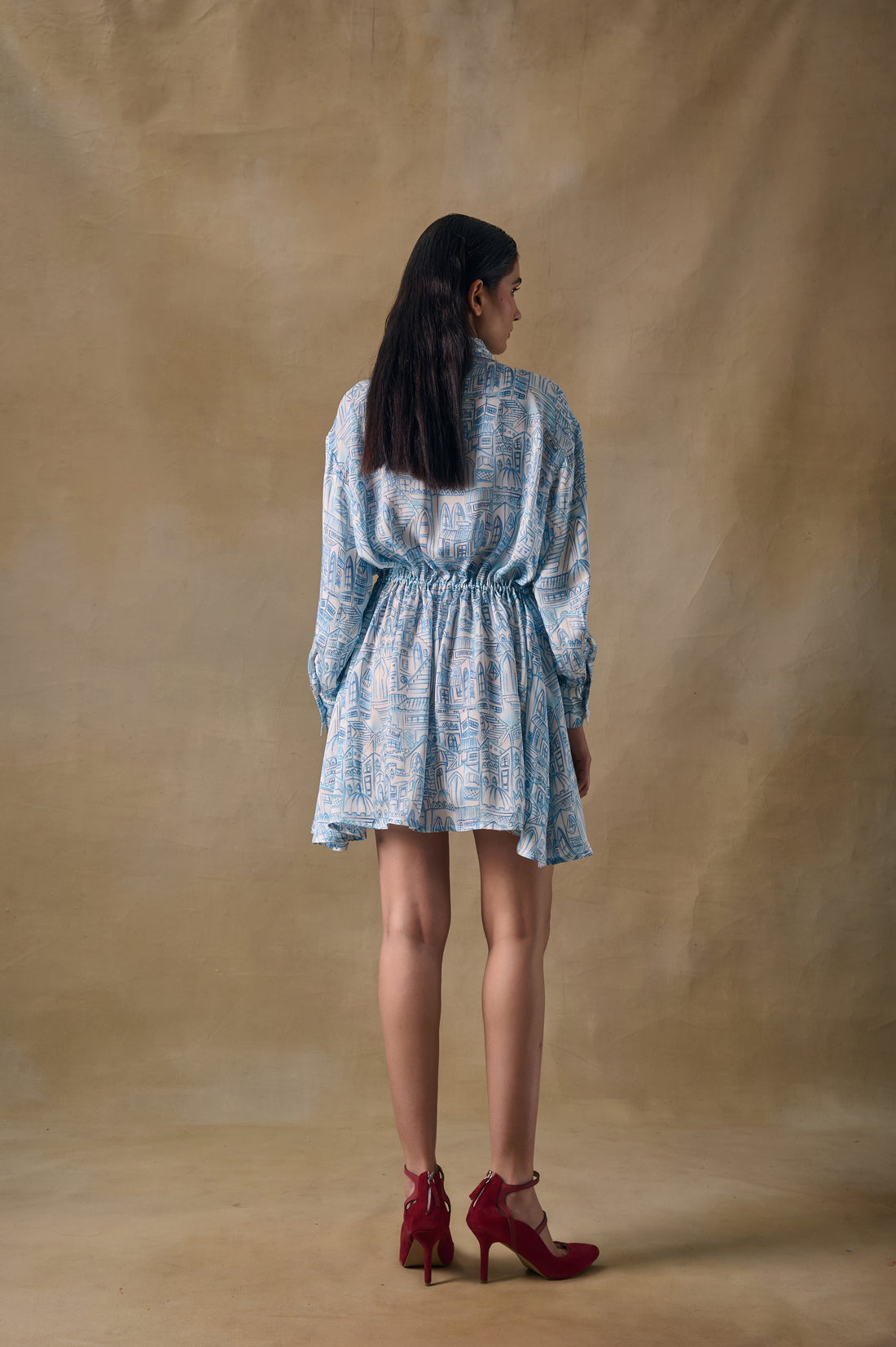 Blue Landscape Gathered Dress