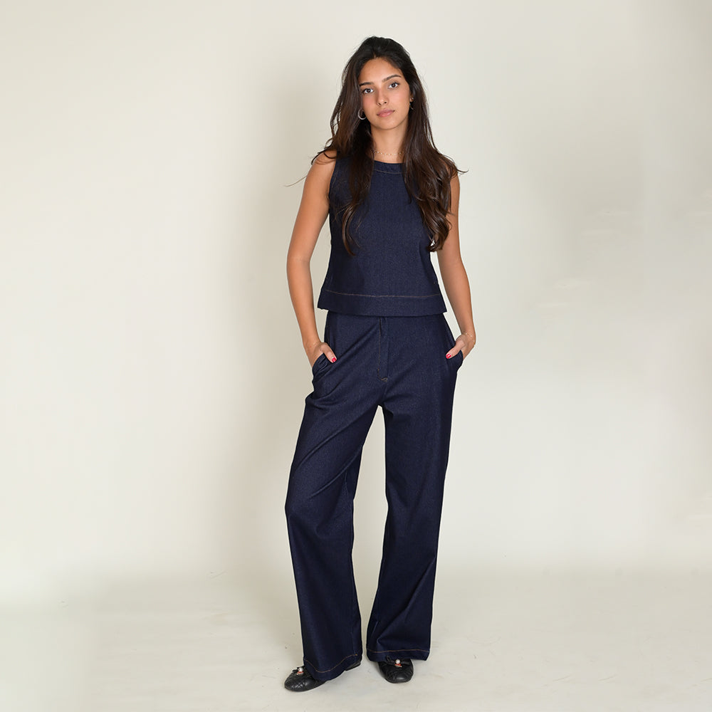 Wide-Leg Denim Pants (Twill)